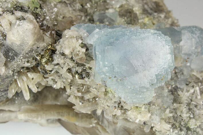 Blue Stepped Fluorite Crystals on Smoky Quartz With Chalcopyrite #186059